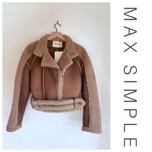 NEW MAX SIMPLE NYC Women's Lambswool Shearling Biker Jacket in Brown Size Small